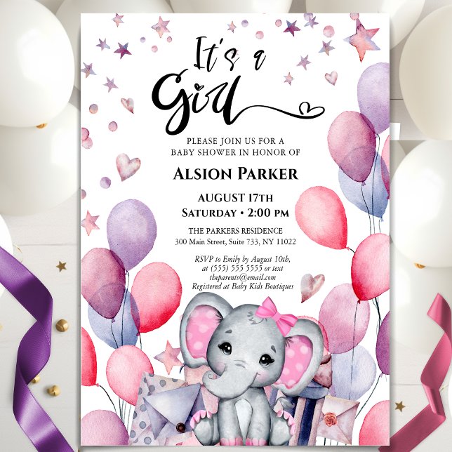 Invitación Es un Baby Shower de los globos rosados elefantes  (Subido por el creador)