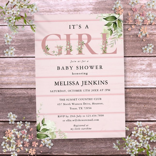 Invitación Es Un Baby Shower De Madera Rústica Rosa Y Chica D (Its A Girl Greenery Pink Rustic Wood Baby Shower Invitation)