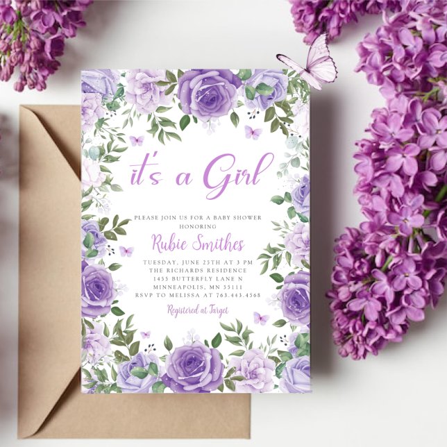 Invitación Es Un Baby Shower De Mariposa Floral Púrpura Chica (Subido por el creador)
