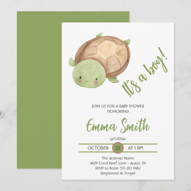 Invitación Es un Baby Shower de niño acuarela de tortuga mari (Anverso / Reverso)