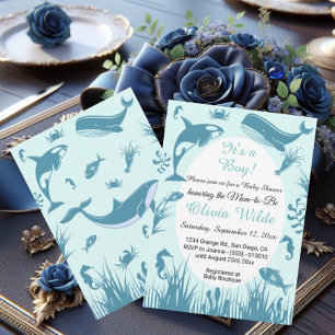 Invitación Es un Baby Shower de niño azul bajo el mar