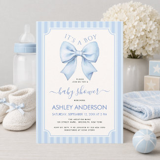Invitación Es un Baby Shower de Niño Azul con Lazos y Rayas