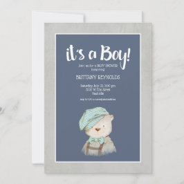 Invitación Es un Baby Shower de osito de Teddy azul de niño