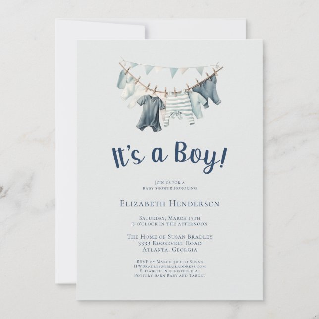 Invitación Es un Baby Shower de ropa de chico (Anverso)
