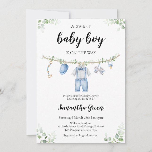 Invitación Es un Baby Shower de ropa de niño bebé (Anverso)