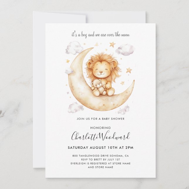 Invitación Es un Baby Shower de un chico de lión (Anverso)