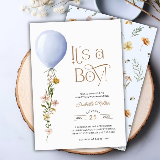 Invitación Es un Baby Shower de un niño globo azul (It's a Boy Blue Balloon Baby Shower Invitation)