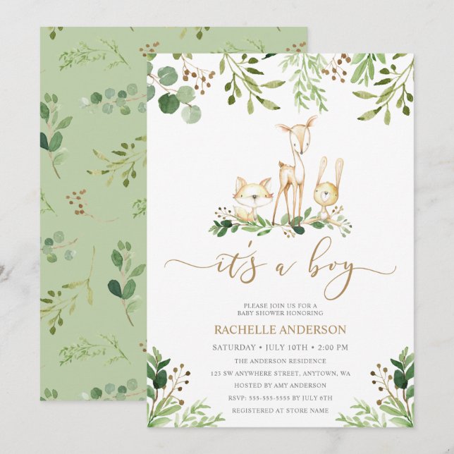 Invitación Es un Baby Shower de vegetación para animales de W (Anverso / Reverso)