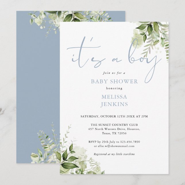 Invitación Es Un Baby Shower De Verdor Azul Polvoriento (Anverso / Reverso)