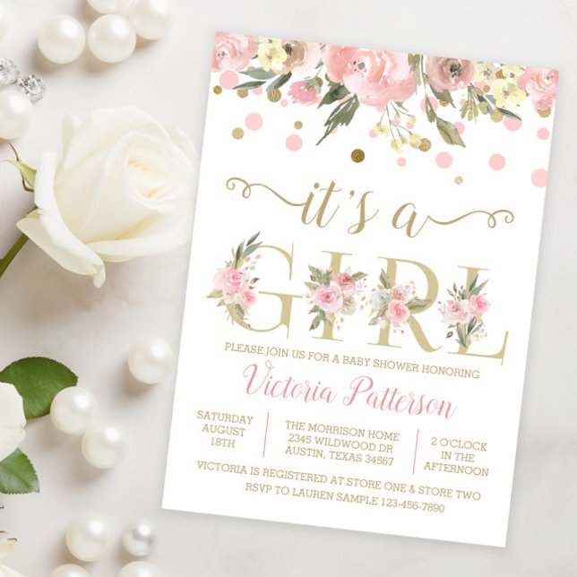 Invitación Es Un Baby Shower Floral De Acuarela Chica (Sweet pink and gold watercolor floral It's a girl baby shower invitation and coordinating products.)