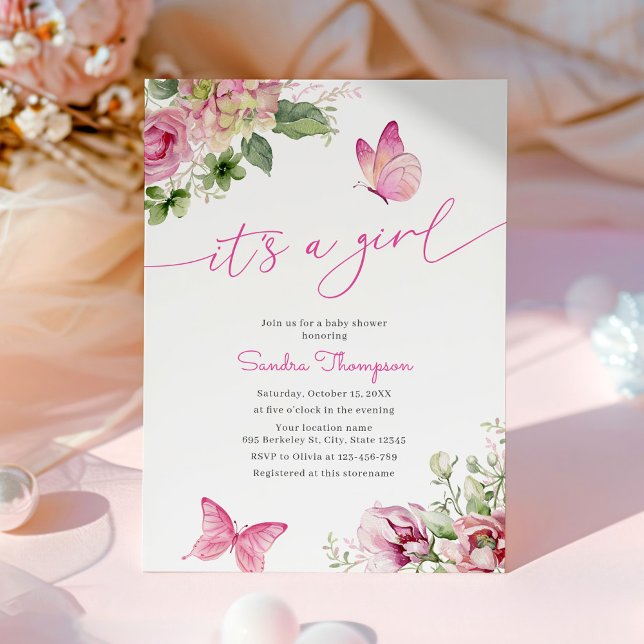 Invitación Es un Baby Shower floral de mariposa Chica (Subido por el creador)