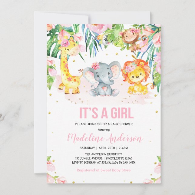 Invitación Es un Baby Shower floral rosado de Chica Jungle Sa (Anverso)