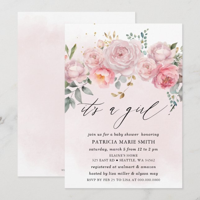 Invitación Es un Baby Shower floral Rubor rosa moderno y chic (Anverso / Reverso)