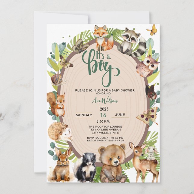 Invitación Es un Baby Shower forestal de animales de Woodland (Anverso)