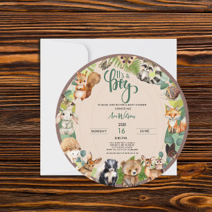 Invitación Es un Baby Shower forestal de animales de Woodland