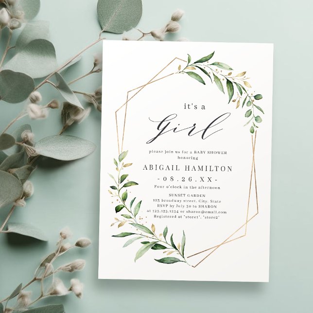 Invitación Es un Baby Shower geométrico de oro de verde Chica (It's a Girl Greenery Gold Geometric Baby Shower Invitation)
