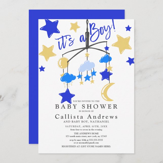 Invitación Es un Baby Shower móvil de Boy Moon Stars Crib (Anverso / Reverso)