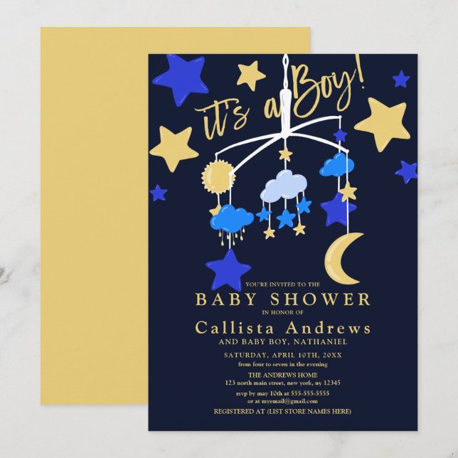 Invitación Es un Baby Shower móvil de Boy Moon Stars Crib (Anverso / Reverso)