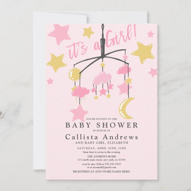 Invitación Es un Baby Shower móvil de las estrellas de la lun (Anverso)