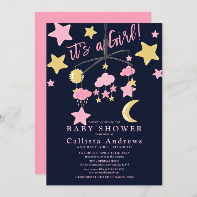 Invitación Es un Baby Shower móvil de las estrellas de la lun (Anverso / Reverso)
