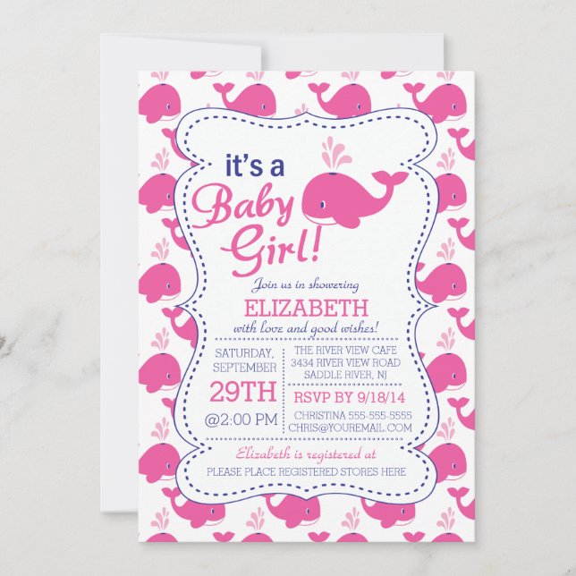 Invitación Es un Baby Shower náutico de una chica bebé ballen (Anverso)