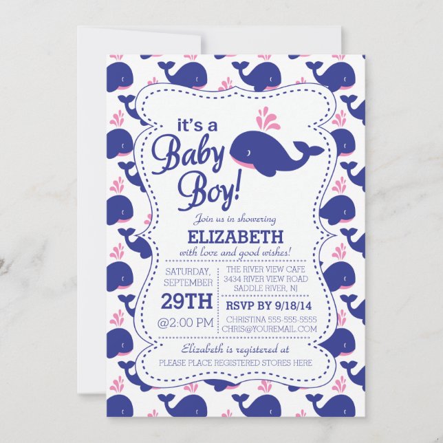 Invitación Es un Baby Shower Náutico de Whale de Baby Boy (Anverso)