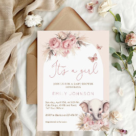 Invitación Es un Baby Shower rosado Chica del Elefante Boho