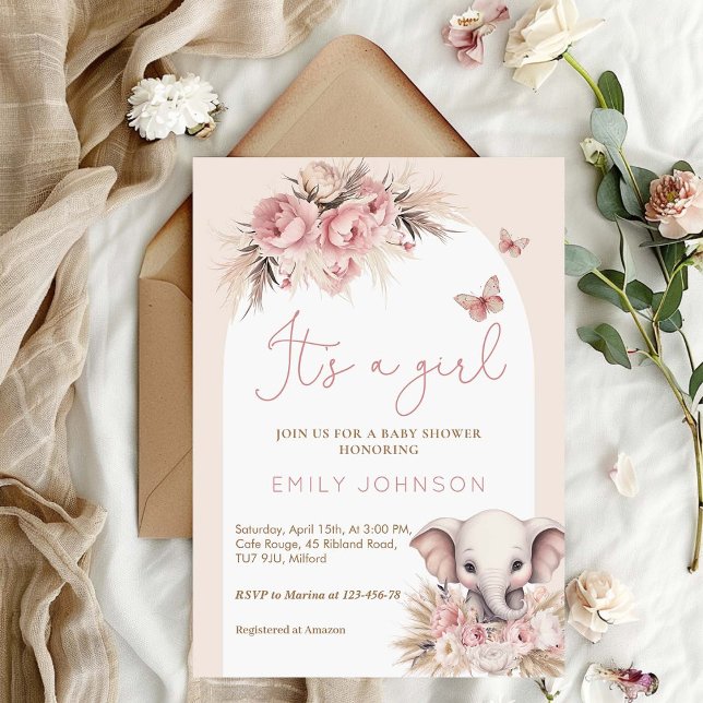 Invitación Es un Baby Shower rosado Chica del Elefante Boho (Subido por el creador)