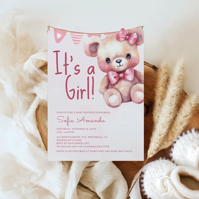 Invitación Es un Baby Shower rosado Chica Teddy Bear (Subido por el creador)