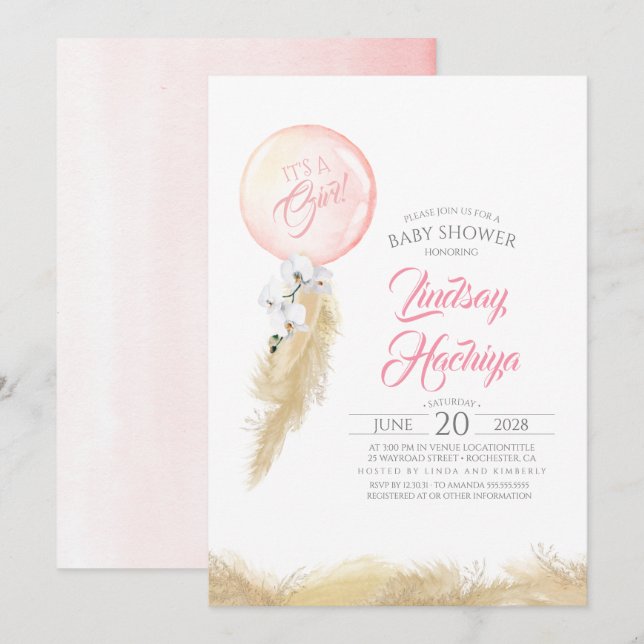Invitación Es un Baby Shower rosado con globo de grano de pam (Anverso / Reverso)