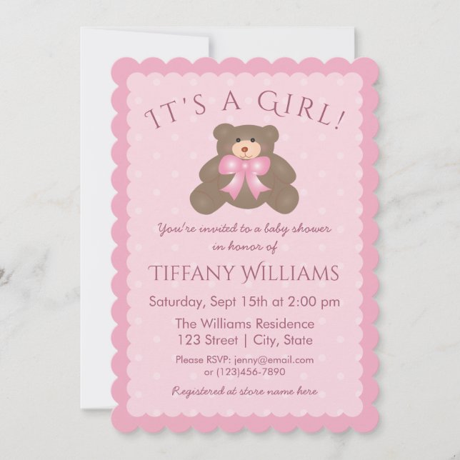 Invitación Es un Baby Shower rosado de cubo de oso pardo Chic (Anverso)