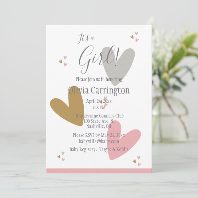 Invitación Es un Baby Shower simple y moderno de CHICAS rosad (Anverso de pie)