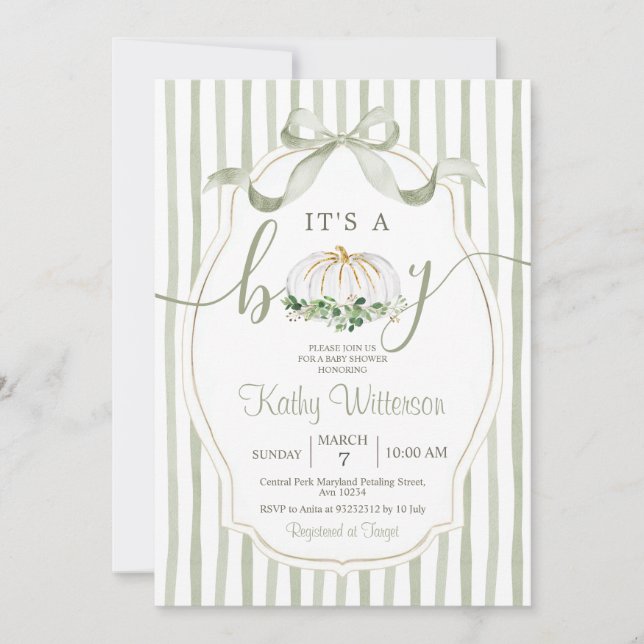 Invitación Es un Baby Shower verde polvoriento de niño calaba (Anverso)