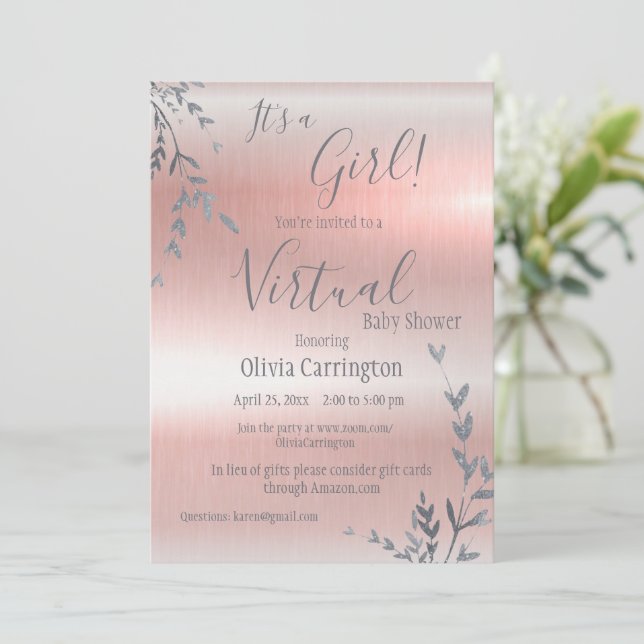 Invitación Es un Baby Shower virtual rosado metálico CHICA (Anverso de pie)