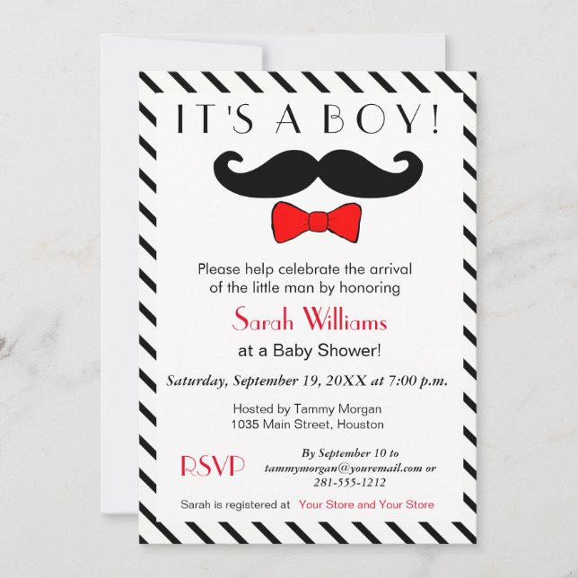 Invitación Es un bigote de niño y Baby Shower de teta roja (Anverso)