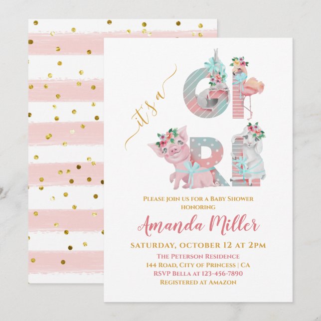 Invitación Es un Bonito Chica de letras animales Baby Shower  (Anverso / Reverso)