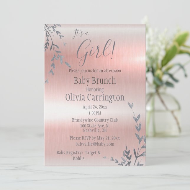 Invitación Es un brunch Baby Shower metálico rosado CHICA (Anverso de pie)