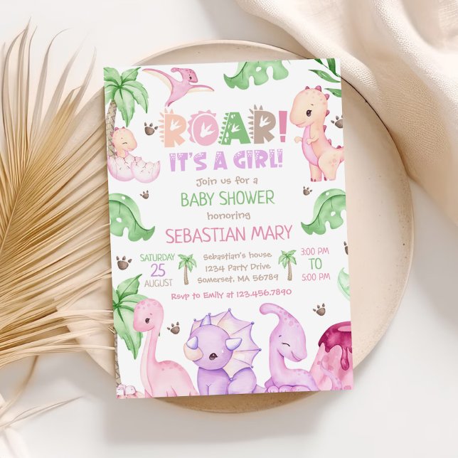 Invitación Es un Chica acuarela dinosaurio Baby Shower (Subido por el creador)