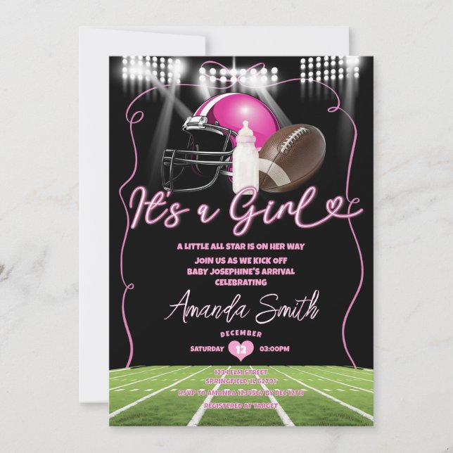 Invitación Es un Chica americano de fútbol con Baby Shower Bo (Anverso)