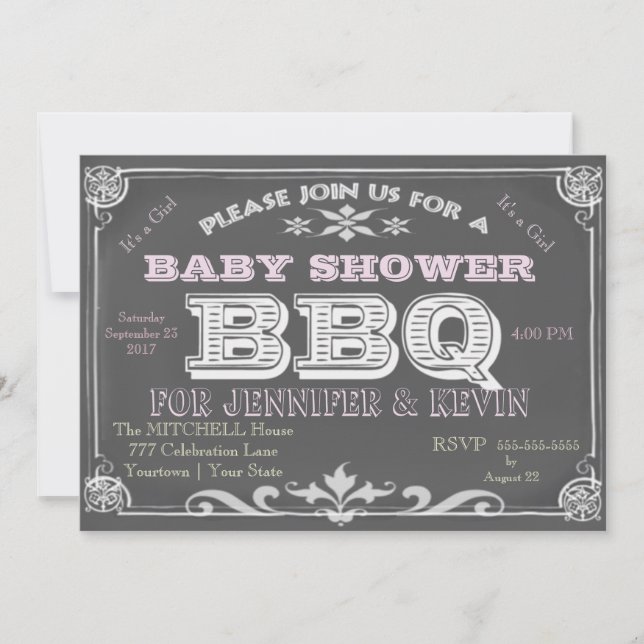 Invitación Es un Chica Baby Shower Bar B Que (Anverso)