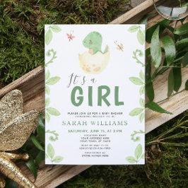Invitación Es un Chica Baby Shower color de agua verde dinosa