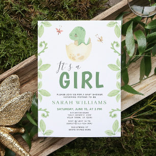 Invitación Es un Chica Baby Shower color de agua verde dinosa