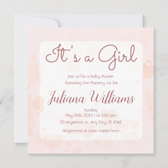 Invitación Es un Chica Baby Shower con globo de corazón rosad (Anverso)