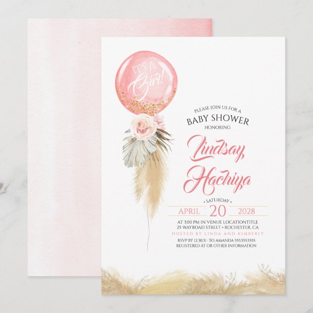 Invitación Es un Chica Baby Shower con globo rosa de pampas (Anverso / Reverso)