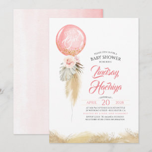 Invitación Es un Chica Baby Shower con globo rosa de pampas