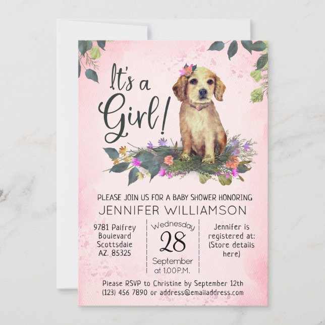 Invitación ¡Es un Chica! Baby Shower de acuarela de porcino f (Anverso)