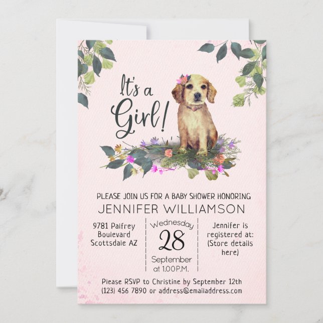 Invitación ¡Es un Chica! Baby Shower de acuarela de porcino f (Anverso)
