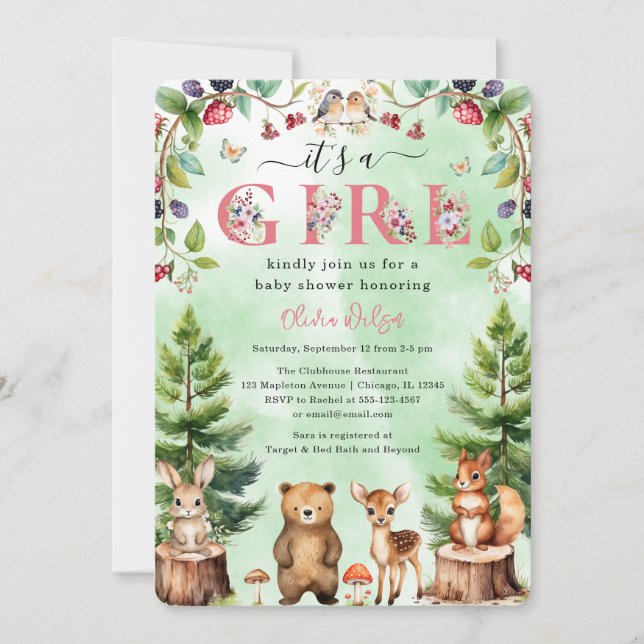 Invitación Es un Chica Baby Shower de animales de Woodland (Anverso)