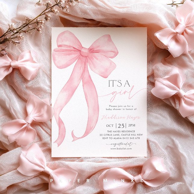 Invitación Es un Chica Baby Shower de Coquette Bow Rosado (It's A Girl! | Pink Bow Baby Shower Invitation | Baby Girl Baby Shower | Coquette Theme)