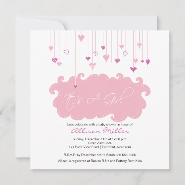 Invitación Es un Chica Baby Shower de corazones rosas (Anverso)